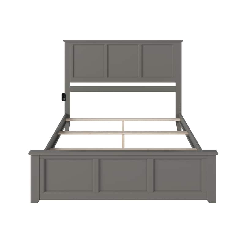 King Size Bed Frame with Footboard & USB - Grey Foundation Bed - Solid Wood Bedroom Furniture