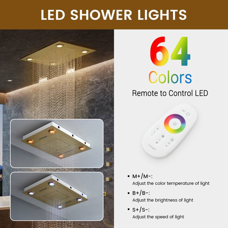 LED Shower System with 7-Spray Fixed & Handheld Dual Heads, 2.5 GPM, 6 Body Jets, 64-Color Lighting