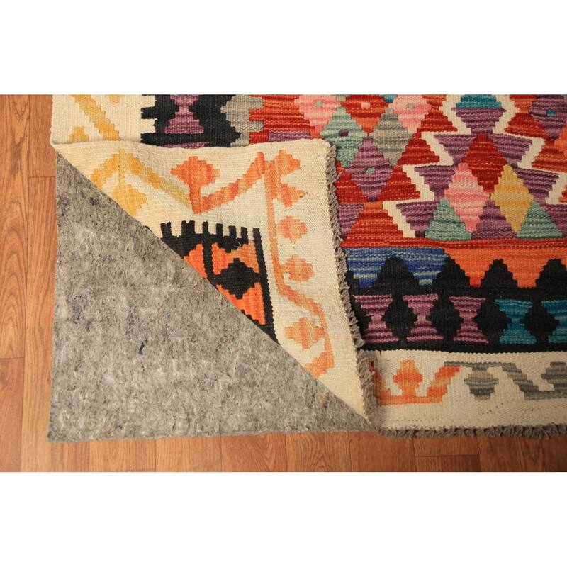 Geometric Kilim Oriental Area Rug Hand-Woven Tribal Orange Wool Carpet - 10'1"x 12'11"