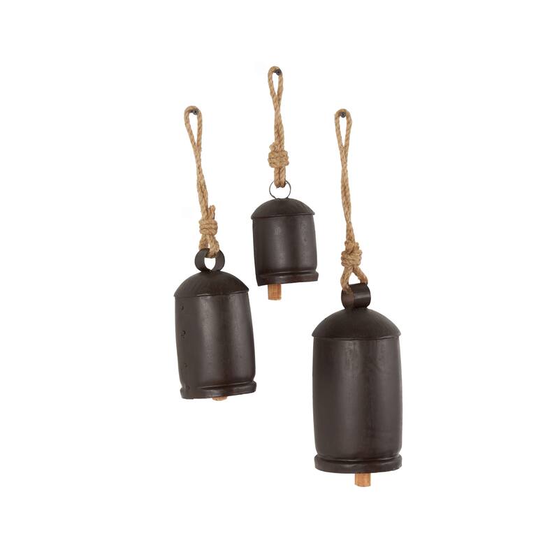 Metal Tibetan Inspired Indoor Outdoor Decorative Cow Bells with Jute Hanging Rope (Set of 3) - Set of 3 - 10",8",6"H