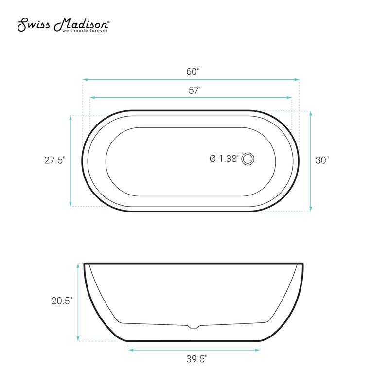 Claire 60" FreestandingConcreteBathtub In Gray, Drain Included