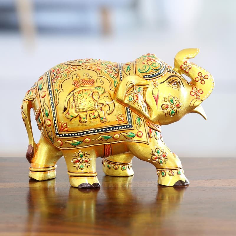 Novica Handmade Golden Pachyderm Wood Figurine