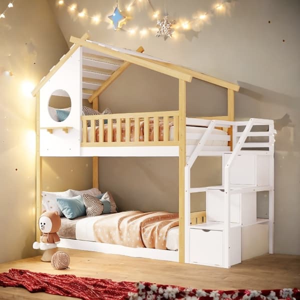 slide 2 of 14, Stairway Design Twin-over-Twin Bunk Bed,House Bed,Storage and Guard Rail,Natural Bed +White Stair White