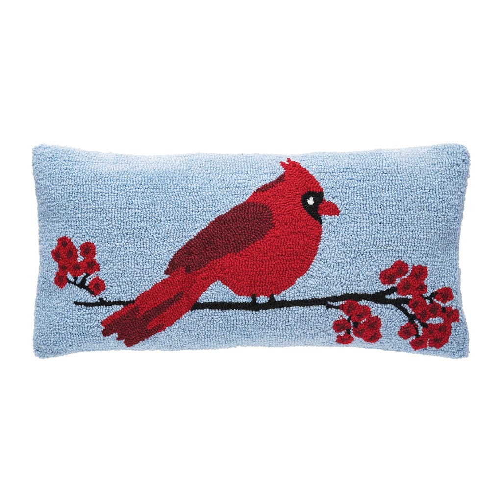 Christmas Cardinal Berry Branch Hooked Decorative Accent Throw Pillow