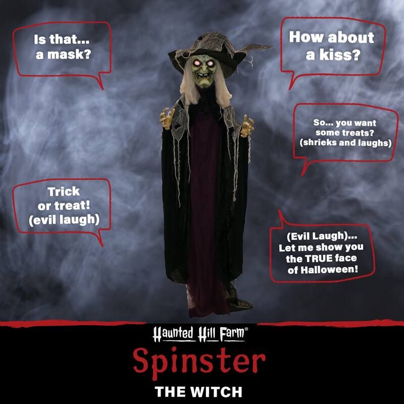 Haunted Hill Farm 6.9-ft. Standing Witch, Indoor/Covered Outdoor Halloween Decoration, LED Red Eyes, Poseable, Spinster