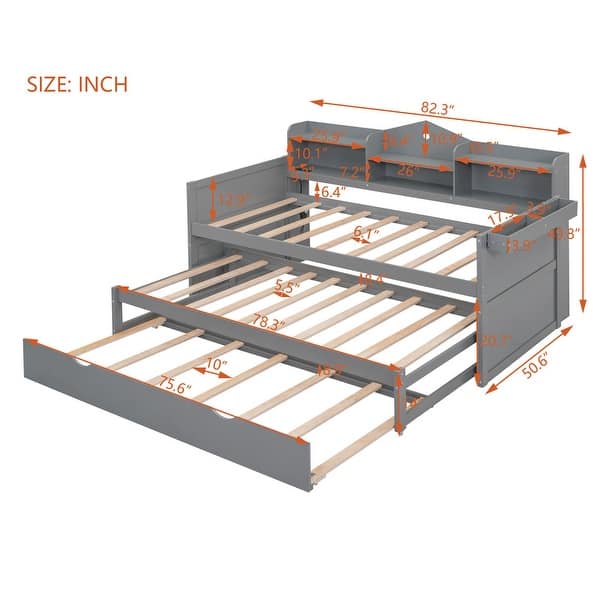 Grey Wooden Twin XL Daybed Sofa Bed with 2 Twin Trundles and USB