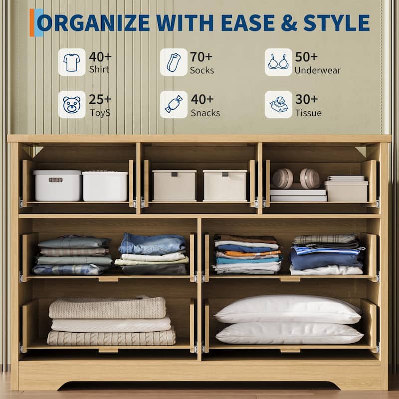 Fluted 7 Drawer Dresser for Bedroom, 47" Wide Wood Chest with Metal Handles, TV Stand & Closet Storage Organizer