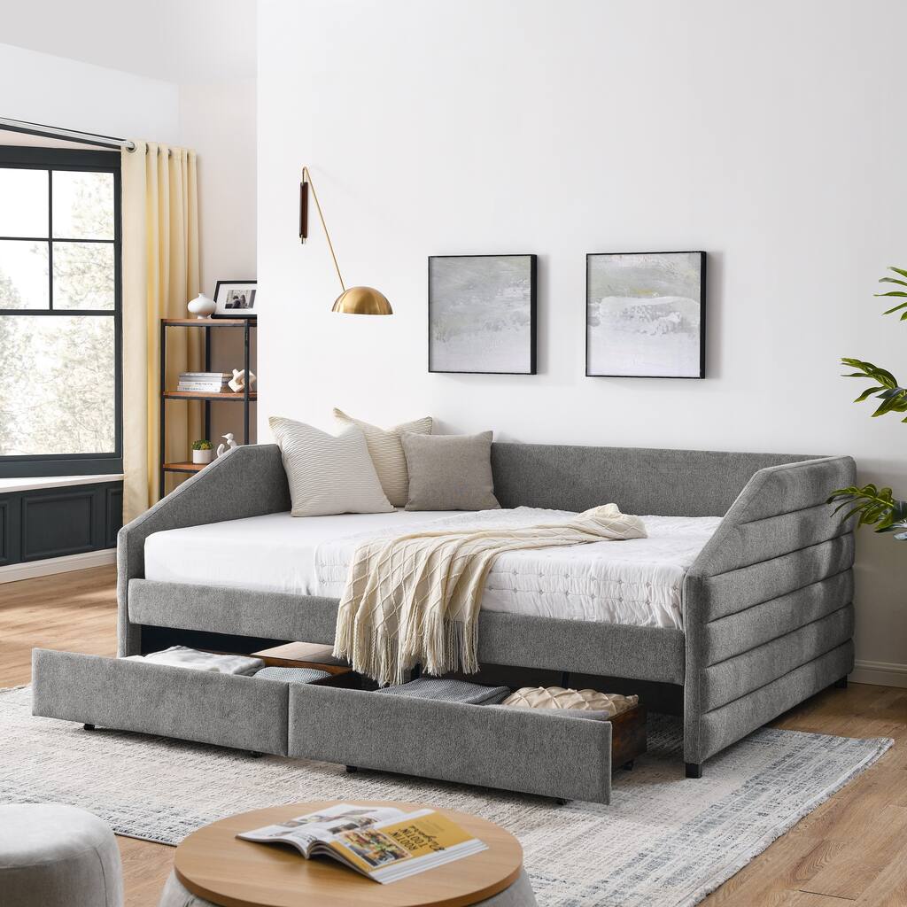 Daybed With Trundle Upholstered Tufted Sofa Bed, Linen Fabric