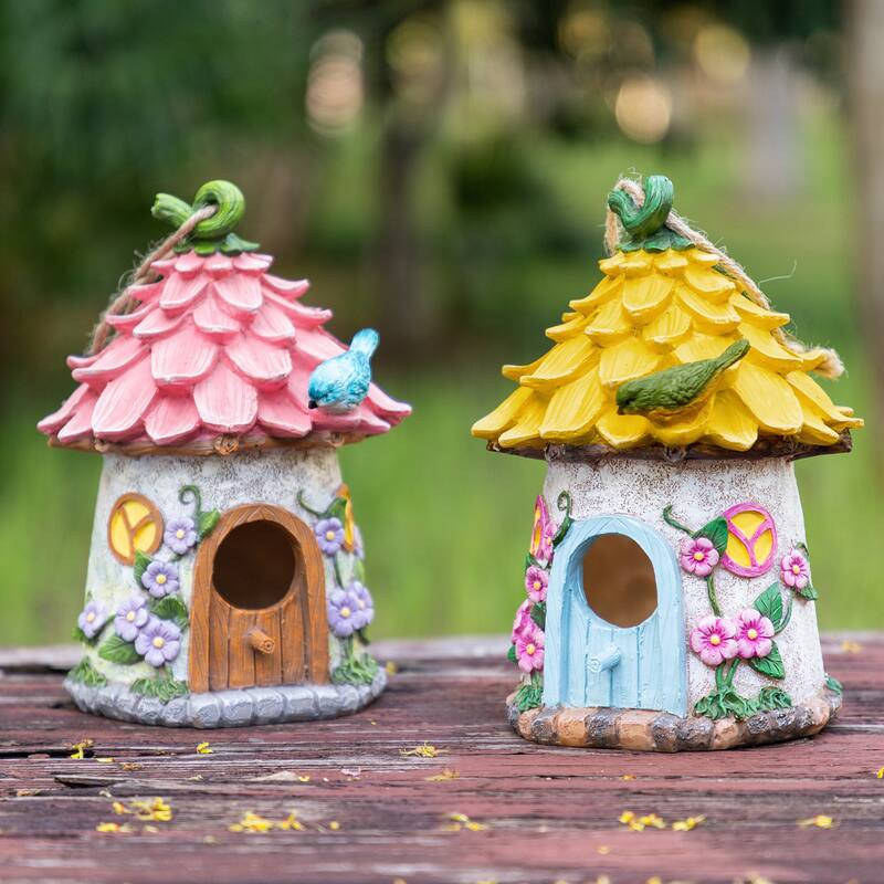 Glitzhome 9''H Resin Pink Yellow Roof Outdoor Garden Birdhouse