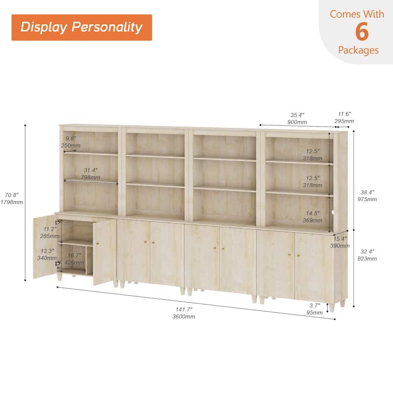 WAMPAT Modern 71" Tall Bookcase with Cabinets, 4 Columns 5-Tier