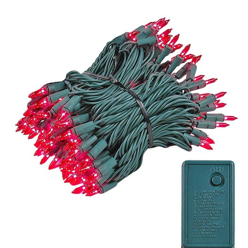 140 Light Chasing Christmas Mini Light Set, Green Wire, 46.5' Long - Pink