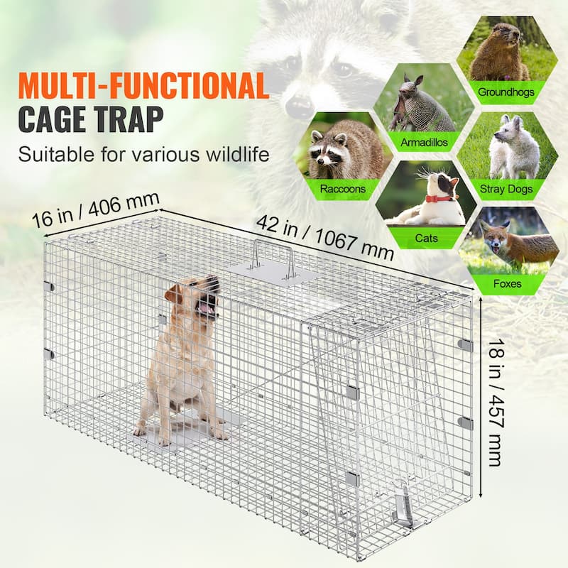 Live Animal Cage Trap with Handle for Stray Dogs, Armadillos, Raccoons, Marmots, Foxes - 42" x 16" x 18"