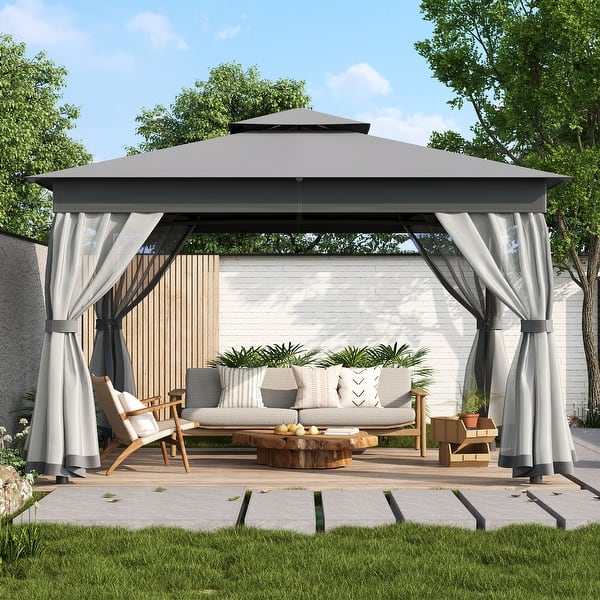 10'x12' Outdoor Canopy Gazebo With Double Roof - Mosquito Netting, Khaki, Steel Frame