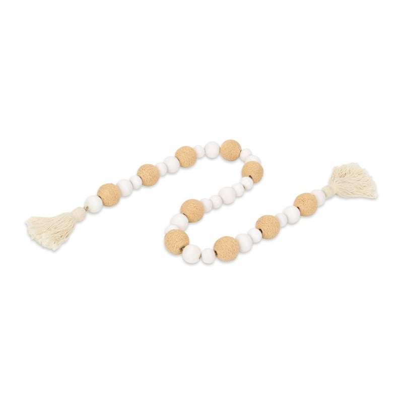 Kira White Wood and Brown Fabric Beaded Garland - N/A