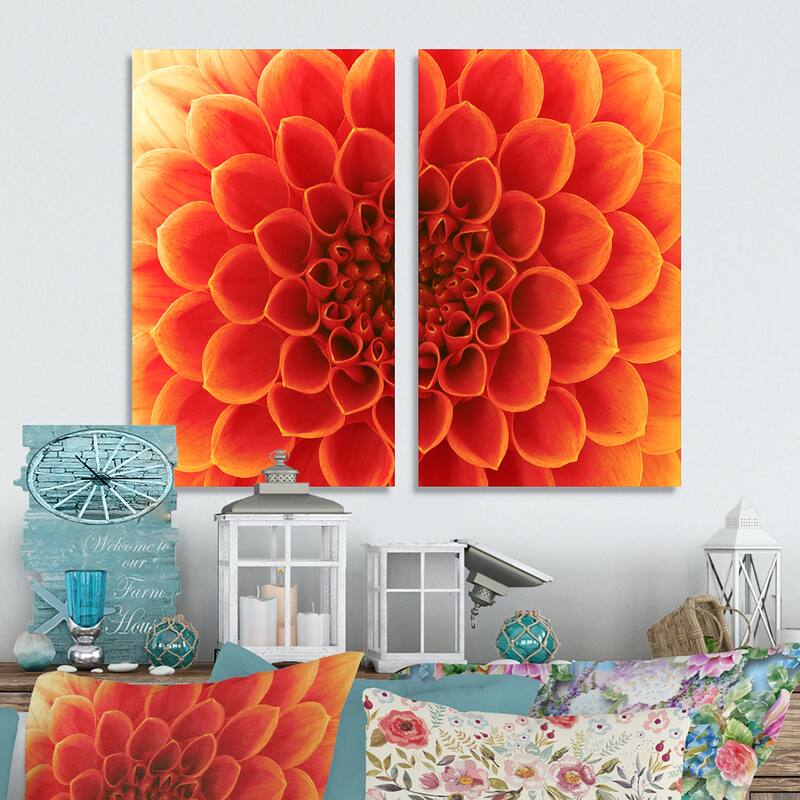 Designart "Orange Abstract Flower Petals" Floral Canvas Wall Art Print 2 Piece Set - 12" W x 20" H x 1" D x 2 Pieces