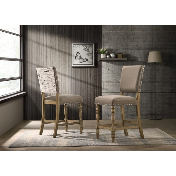 slide 2 of 10, Roundhill Furniture Birmingham Script Printed Driftwood Finish Counter Height Dining Chair with Nail head, Set of 2