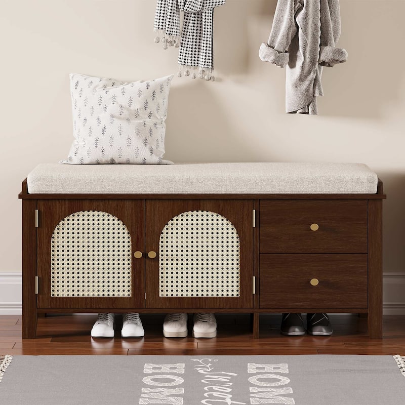 43.5 inch Shoes Bench with Cushion Storage Cabinet and 2 Drawers
