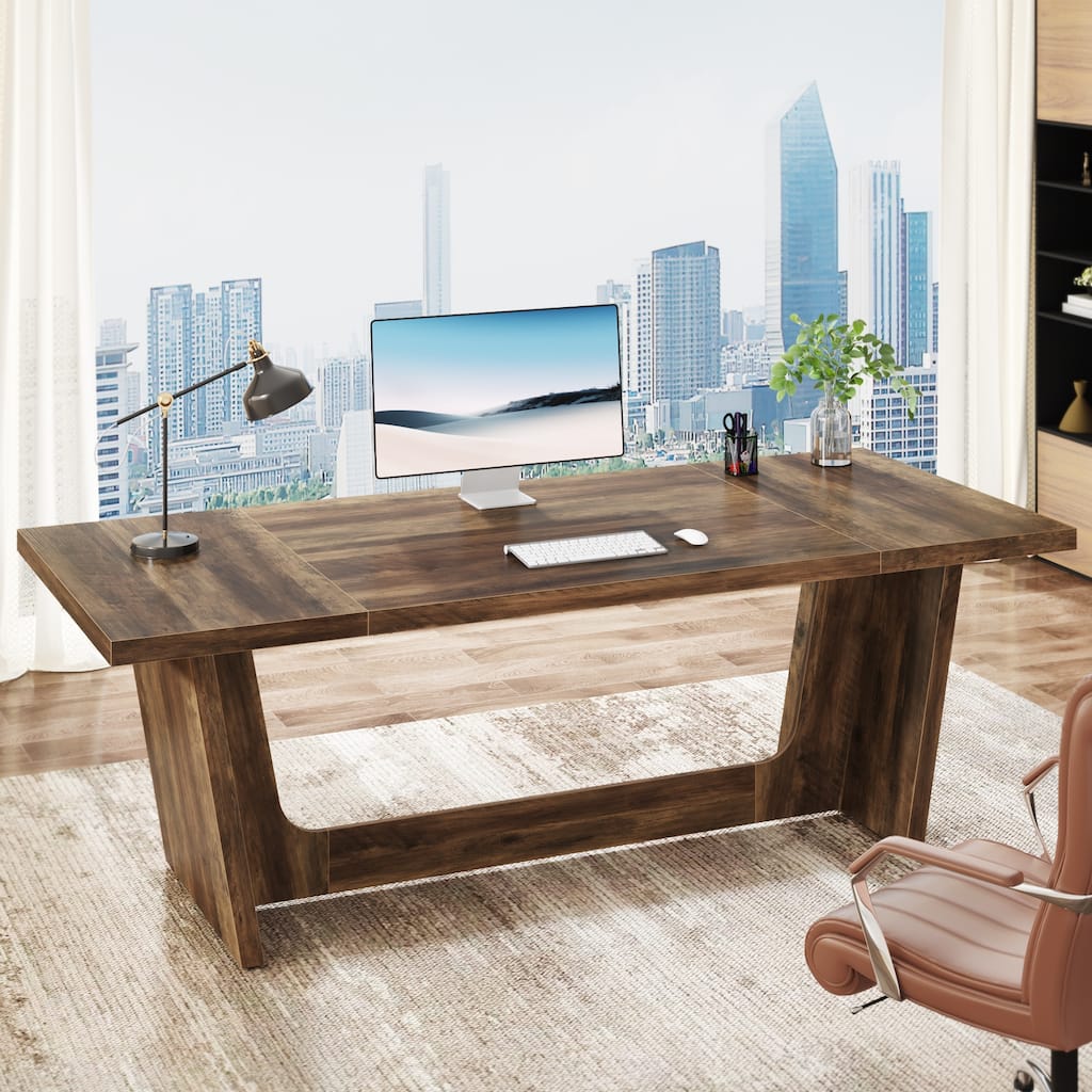 70.87" Large Executive Desk, Wood Computer Table for Office, Brown