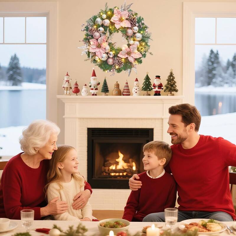 22" Christmas Wreath with Lights for Front Door with Rose Gold Balls Poinsettia Flowers - N/A