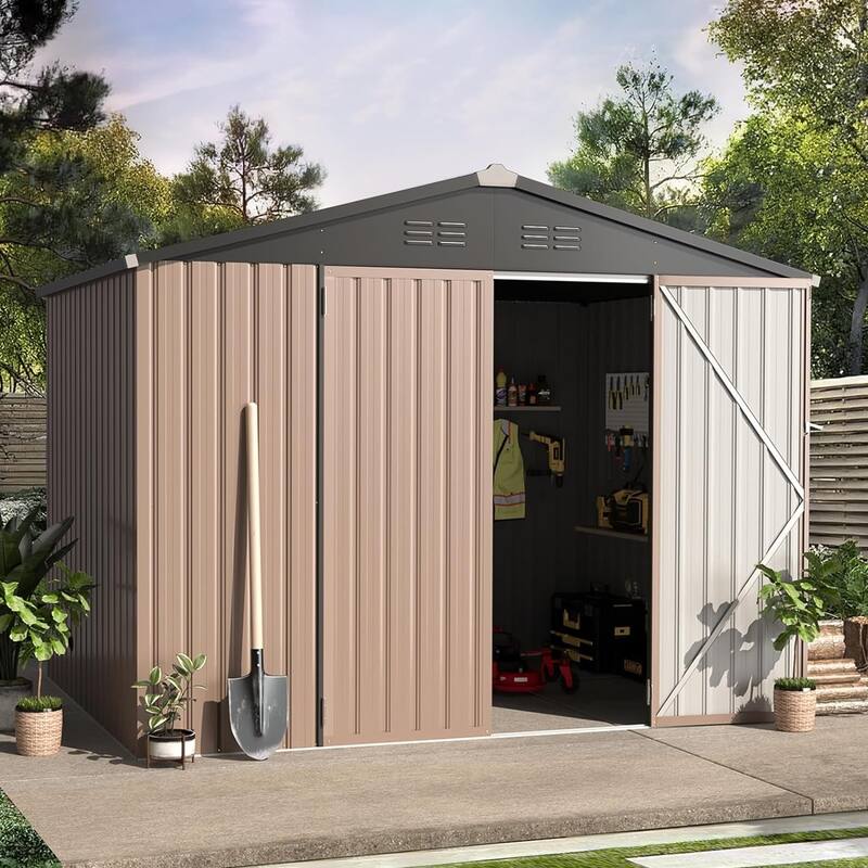 AECOJOY Outdoor Metal Storage Shed with Lockable Door - 8' x 6' - Grey