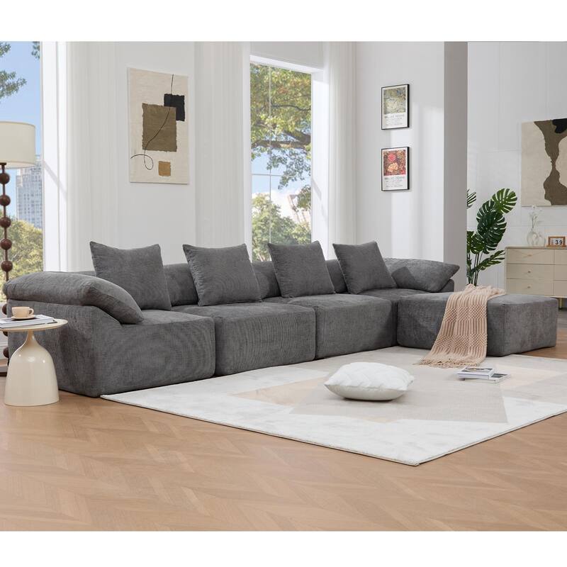 142" Chenille L-Shaped Modular Sofa with Sleeper & Ottoman