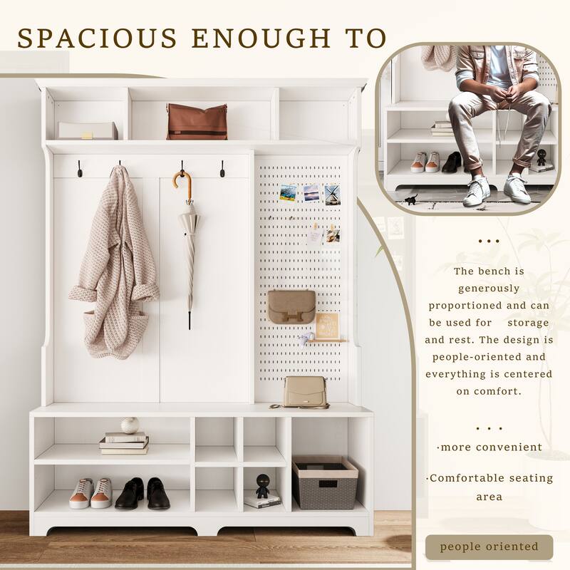 Entryway Bench with 4 Coat Hooks and Storage Pegboard, Modern Hall Tree with Shoe Cabinet for Living Room, Hallways