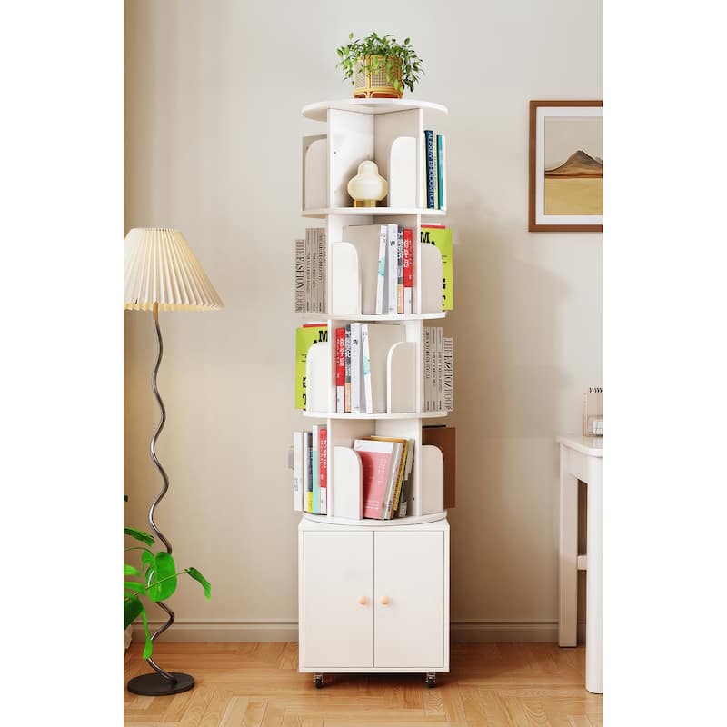 Rotating Bookshelf,360 Degree Display 5 Tier Corner Bookshelf With Drawer For Small Space, Floor Standing Bookcase Storage Rack