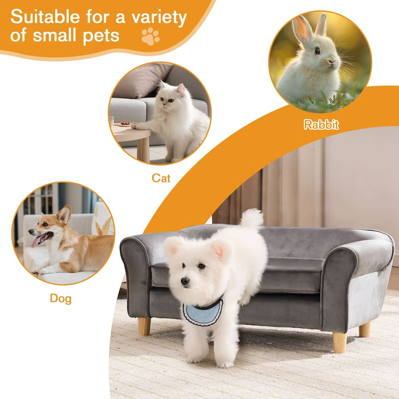 20.67" x 12" x 2.76" Pet Sofa Bed, Grey Velvet Cat Bed and Small Dog Couch with Rubberwood Legs