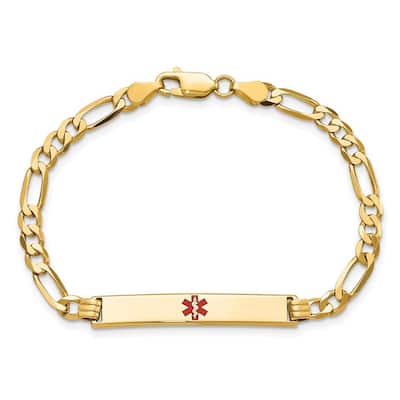 Curata 14k Yellow Gold 6.3mm Engravable Medical Red Enamel Flat Figaro Link ID Bracelet