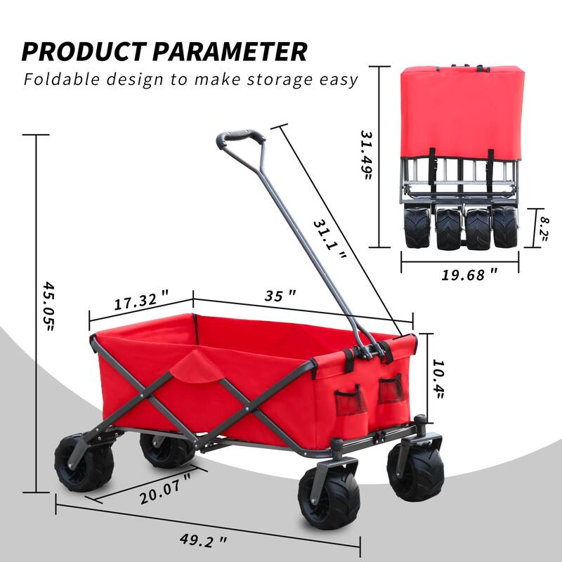 Folding Wagon with All-Terrain Wheels, 230lbs Capacity, Telescoping Handle, and Dust Cover for Beach, Outdoor, and Garden Use