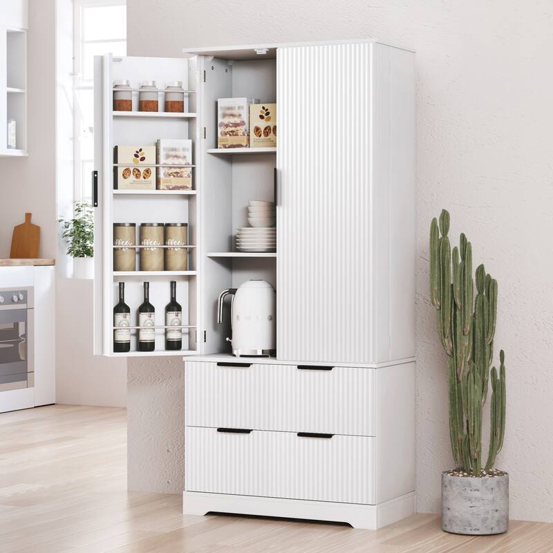71.65" H Fluted Kitchen Pantry Cabinet, Freestanding Storage Cabinet Buffet Sideboard with 2 Large Drawers & 8-Door Spice Rack