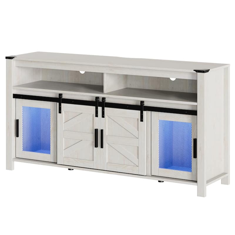 LED Farmhouse Entertainment Center with Mesh and Barn Doors, 31" H - 59" - Antique White & Blue LED Lights