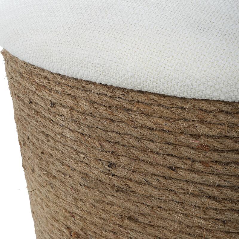 18 Inch Classic Storage Accent Ottoman, Rope Wrapped Base, Off White, Brown