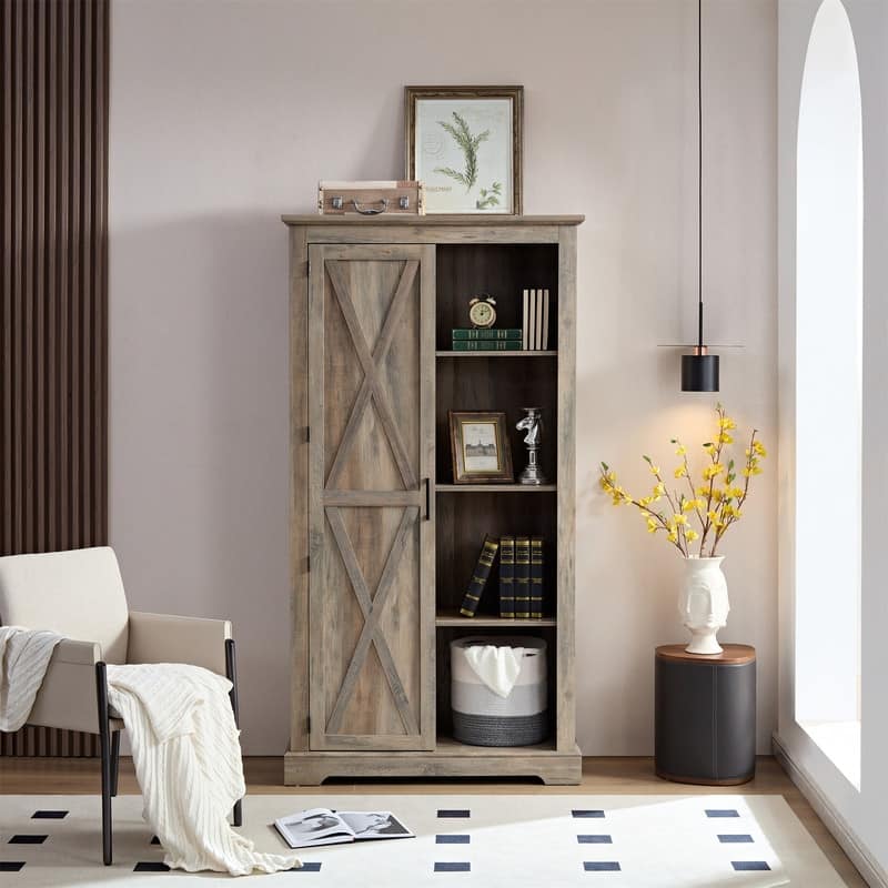 Tall Barn Door Kitchen Pantry Storage Cabinet with Adjustable Shelves - Grey