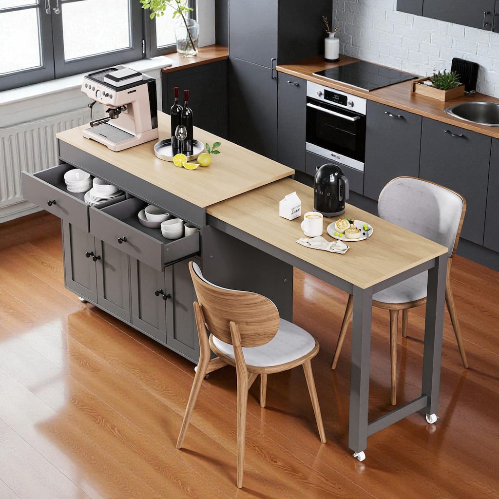 74.5" Extendable Kitchen Island with Dining Table, Rolling Storage Cart with 4 Doors, 2 Drawers, and Spice Rack