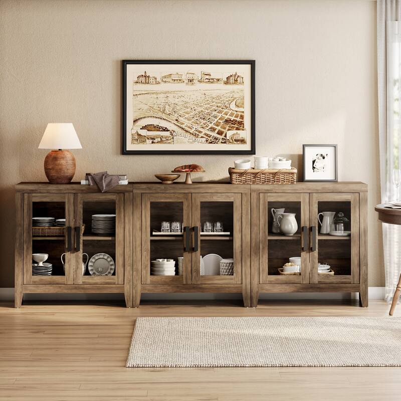 WAMPAT Modern Farmhouse TV Stand, Entertainment Center with Tempered Glass Doors & Adjustable Shelves
