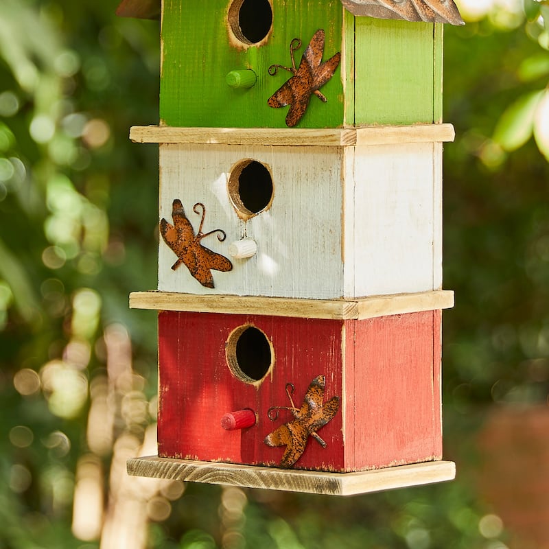 Glitzhome 13.75"H Multicolored 3-Tiered Distressed Solid Wood Birdhouse - 13.75"