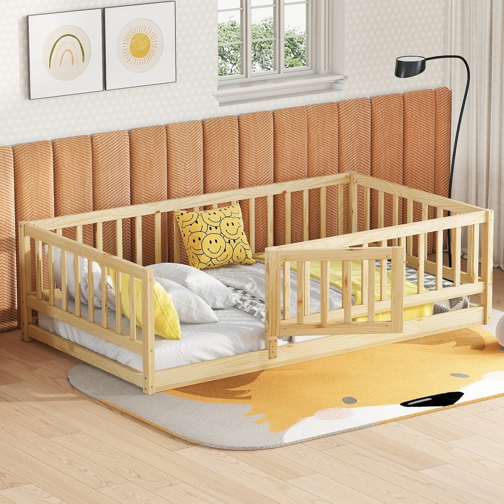 Montessori Floor Bed with Fence Guardrail and Removable Door Toddler Floor Wood Bed Frame for Kids Boys Girls Children's Room
