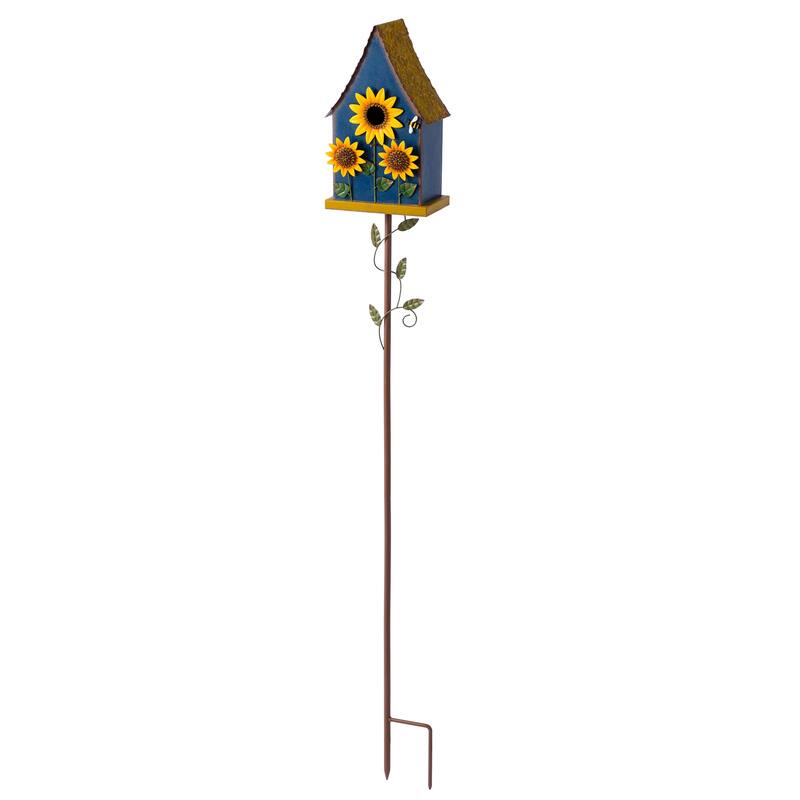 Glitzhome 52.5''H Blue Green Metal Sunflower Decorative Garden Birdhouse with Stake