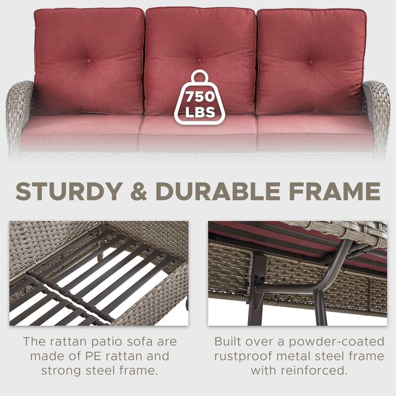 Outdoor Patio 3-Seat Sofa with Rattan Footstool
