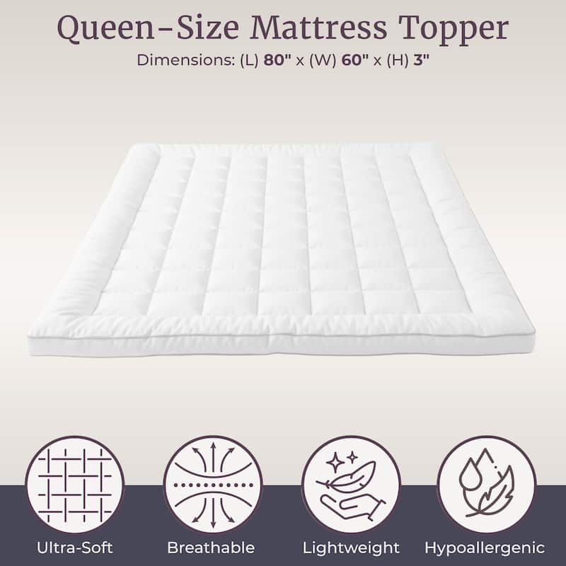 Down Alternative Mattress Topper - 3” Gusset Hypoallergenic Fiber Filled Pillow top Pad by Windsor Home - White