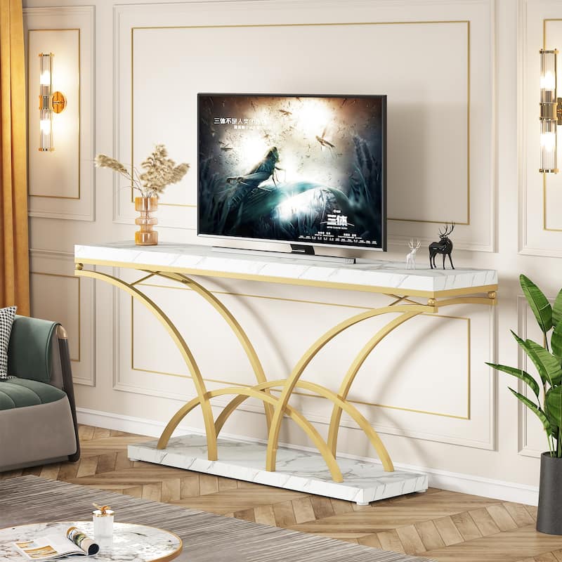 70.9'' Faux Marble Console Sofa Table with Half-Moon Shaped Metal Legs for Entryway, Accent Tables for Living Room