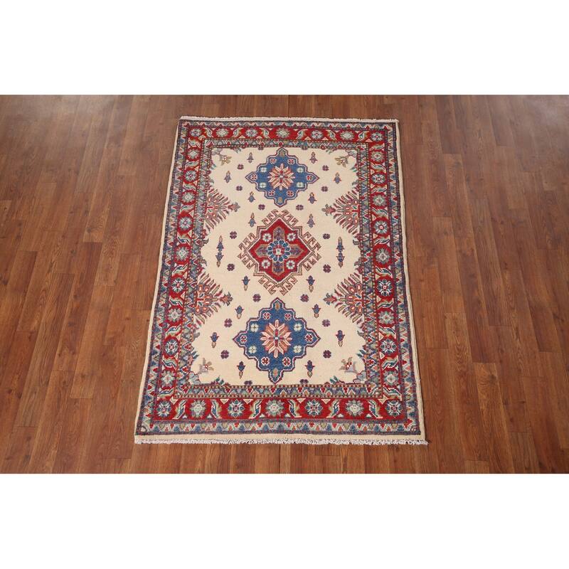 Ivory Geometric Kazak Accent Rug Handmade Wool Carpet - 3'4" x 4'10"