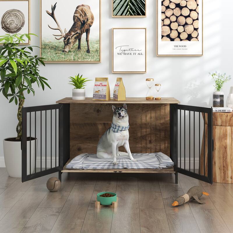Wooden Dog Crate Furniture Large/Medium Dog, Dog Kennel Furniture Large Breed, Indoor Dog Cage Furniture Style with 2 Doors - Natural Wood