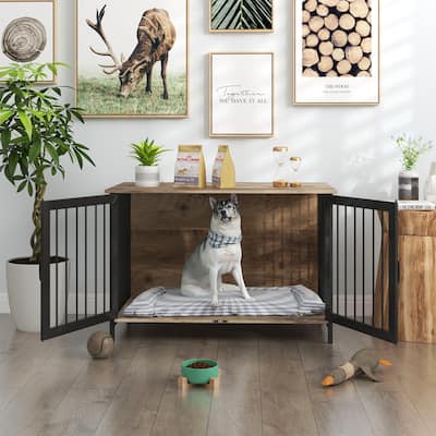 Wooden Dog Crate Furniture Large/Medium Dog, Dog Kennel Furniture Large Breed, Indoor Dog Cage Furniture Style with 2 Doors