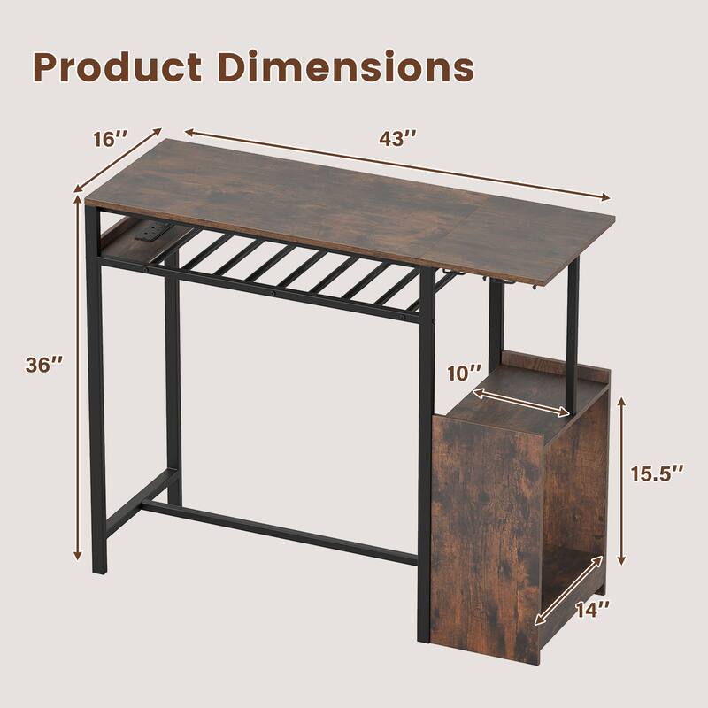 Gymax Rectangular Bar Table w/ Charging Station LED Light Wine Rack 2
