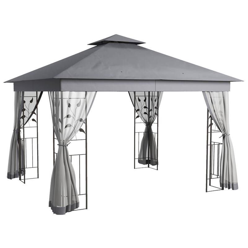 10x11.5ft Metal Patio Gazebo with Double Roof, Netting, and Tree Motif Frame for Outdoor Use - Grey