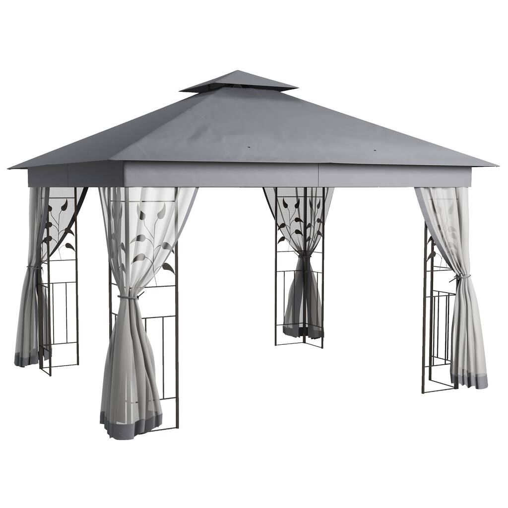 10x11.5ft Metal Patio Gazebo with Double Roof, Netting, and Tree Motif Frame for Outdoor Use