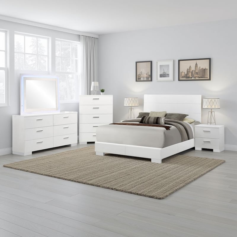 Sok 5pc Queen Bedroom Set, Blue LED Lights, Chrome Metal, White Wood