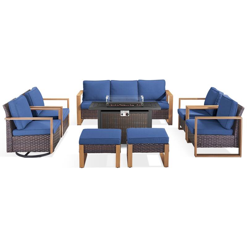 Meyreso Wicker Outdoor Patio Metal Fire Pit Set with Swivel Gliders and Olefin Cushions